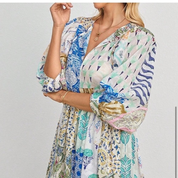 BLUE BOHO WOMEN’S LANTERN SLEEVE V NECK TIE POCKETS PATCHWORK PRINT MAXI DRESS - Picture 5 of 6